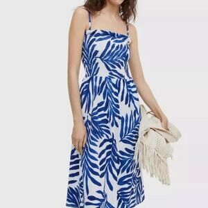 H&M Gauze Crinkle Tropical Sleeveless Smocked Sundress Womens Medium Blue/White